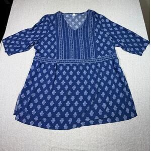 J. Jill Womens 2X Blue Floral Print 3/4 Sleeve Tunic Top Lagen Look Travel Plus